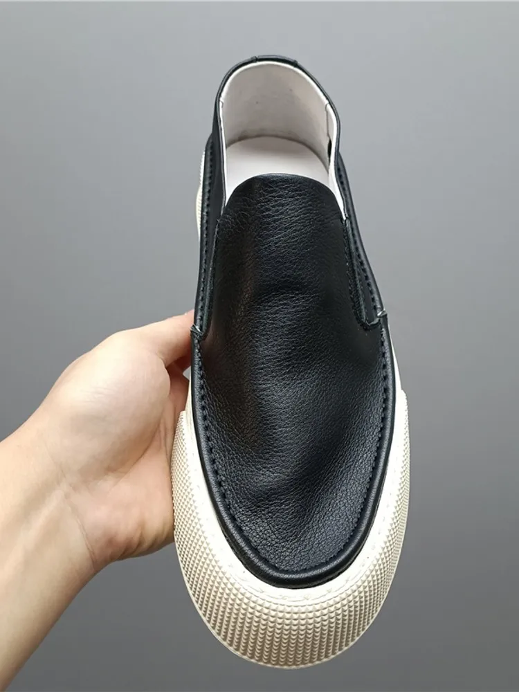 Fashion Men Thick Platform Cowhide Genuine Leather Shoes Breathable Business Casual Work Driving Shoes Vintage Slip On Loafers