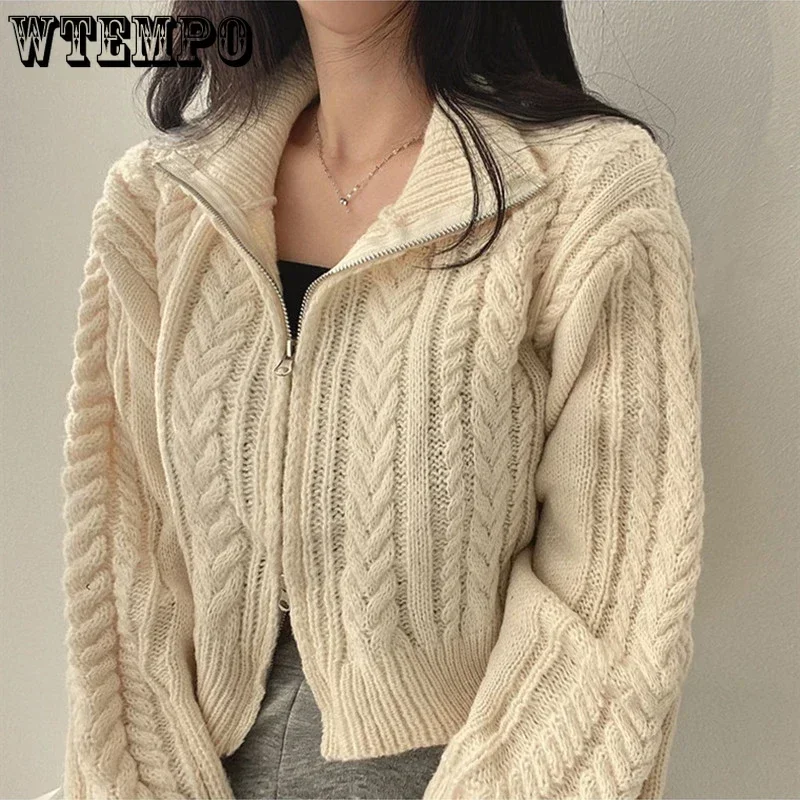 WTEMPO Fall Winter New Korean Vintage Double Zipper Sweaters Women Solid Color Elegant Short Sweater Coats Knitted Cardigans