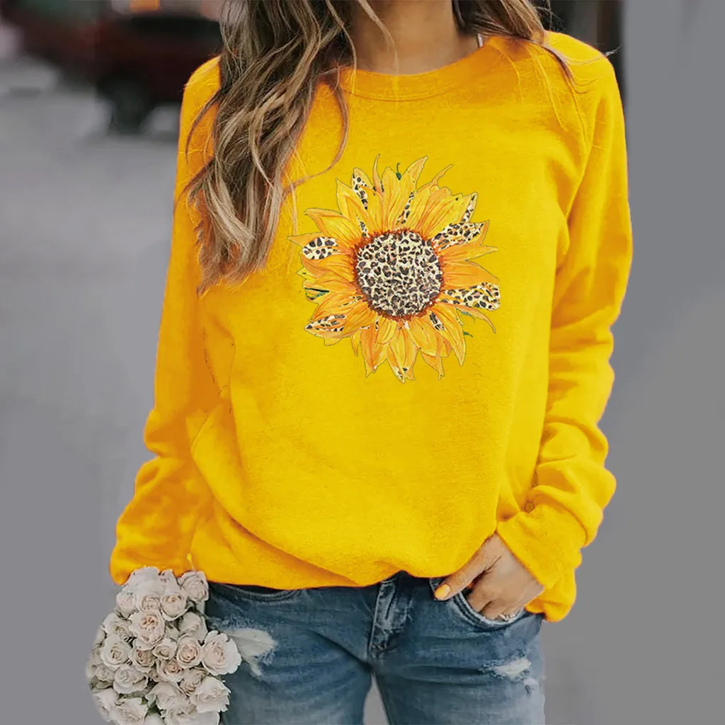 Pull à col rond imprimé tournesol pour femme, sweat à capuche à manches longues, t-shirt pour femme, chemisier pour femme, automne, hiver