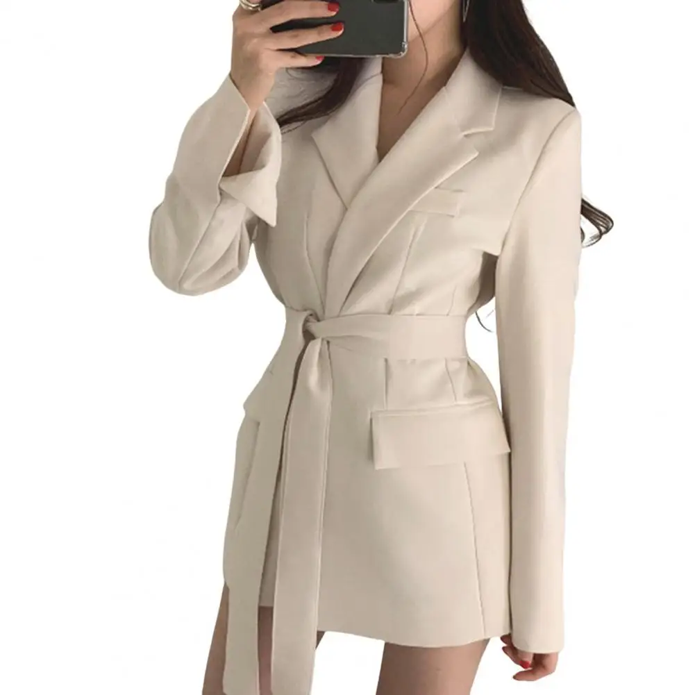 Women Suit Coat Strap Waist Jacket Lace-up with Flap Pockets for Business Outwear Spring Autumn Lapel Coat