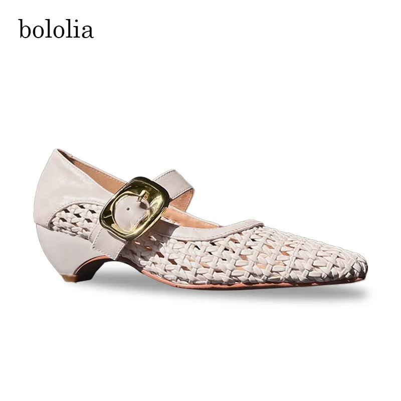 

Women's Genuine Leather Braided Mary Jane Flats With Metal Buckle Soft Comfortable Pointed Toe Women Sandals Party Shoes