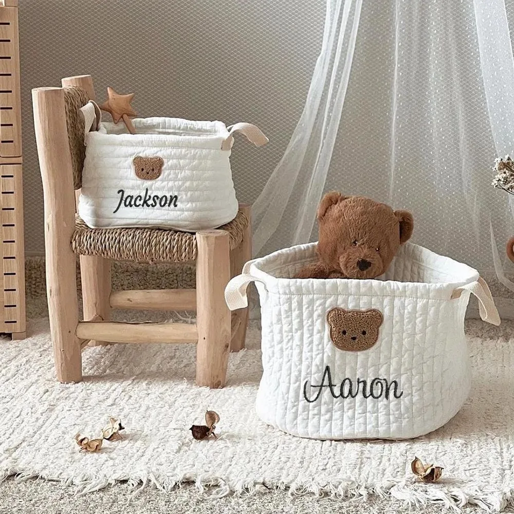 Cesta de almacenamiento de oso con nombre bordado, cesta de clasificación de pañales personalizada, juguetes para bebés, regalos para Baby Shower