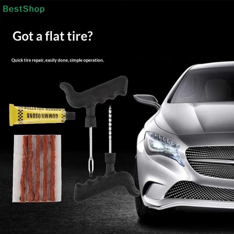 1 Set Pro Tire Repair Tool Kit With T Handle Tools Rubber Strips Sealant For Car Truck Motorbike Repairs