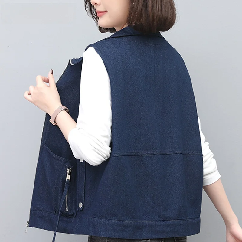 

Faionable ort Denim Vest Women's Casual Loose Fit Spring Autumn New Sle Mom's Outerwear Jaet Zipper Closure Cotton