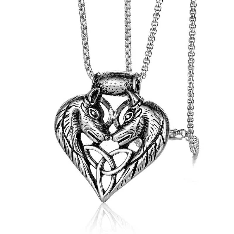 Punk Stainless Steel Double Wolf Head Heart Pendant Necklaces for Men Rock Jewelry Drop Shipping