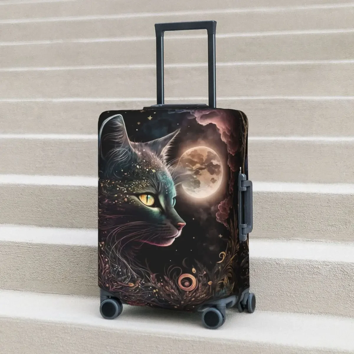 Mystical Cat Suitcase Cover moon and flowers Elastic Business Protector Luggage Case Flight