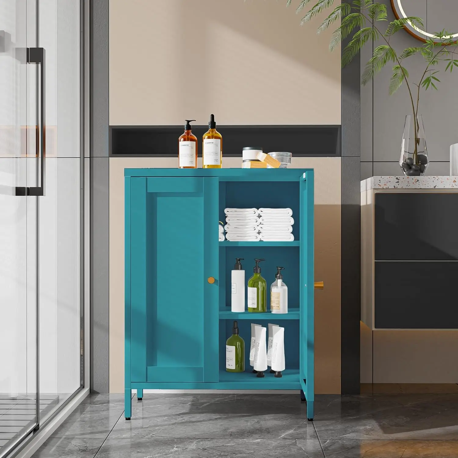 Bathroom Floor Cabinet,Freestanding Storage with Double Doors & 2 Adjustable Shelves,Modern Side Storage Cabinet,