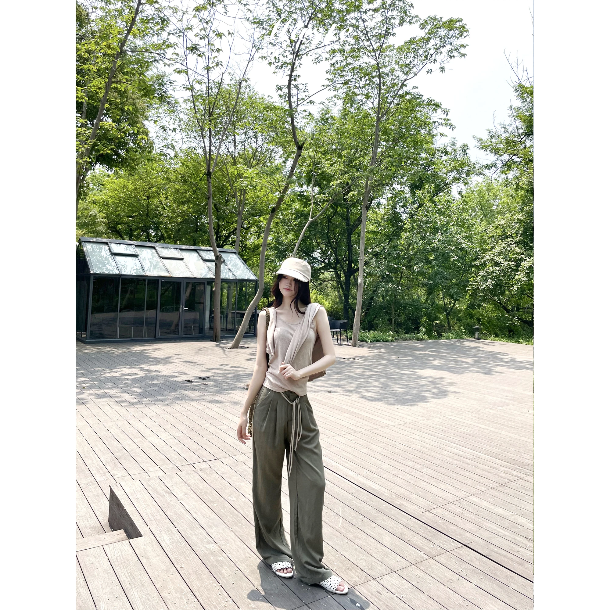 

Maste Summer Valley Design Sensation Pants Moss Green Casual Trousers for Women Spring Summer Fashion High Waist Pants
