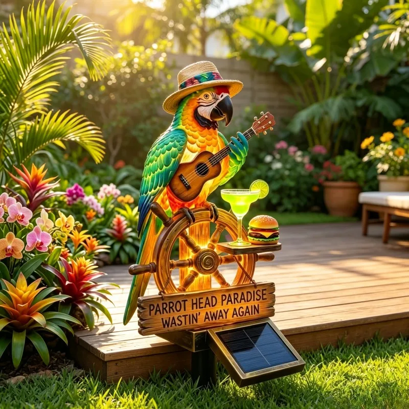 Lampe solaire de jardin en forme de perroquet, ornement extérieur tropical en forme d'oiseau avec guitare pour la décoration de la cour, de la pelouse, du patio et des allées, cadeau de jardin amusant