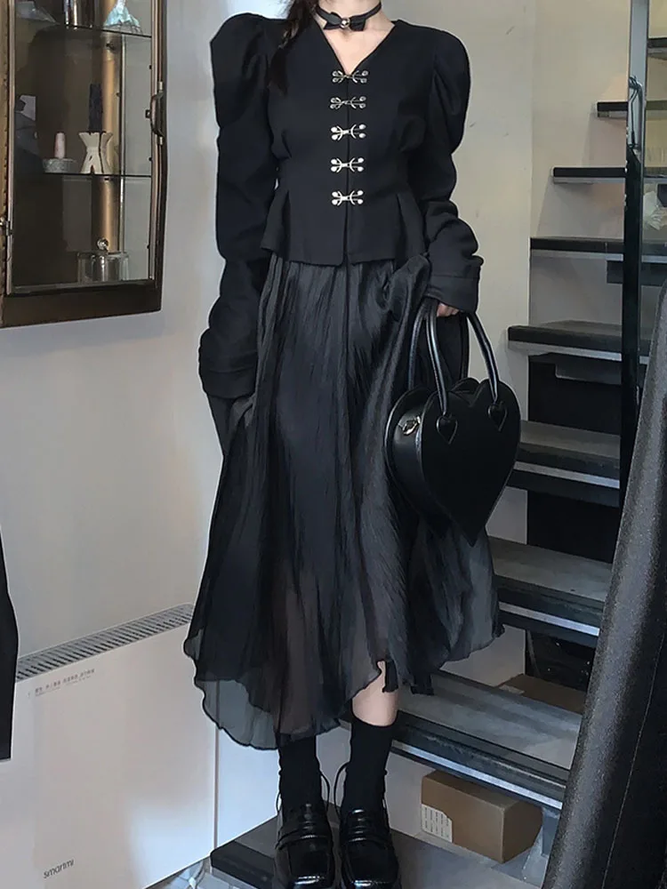 SONNEESD Spring Harajuku V-Neck Single-breasted Crimp Puff Sleeve Metal Buckle Shirt High Waist A-Line Mid-Calf Yarn Skirt Suit