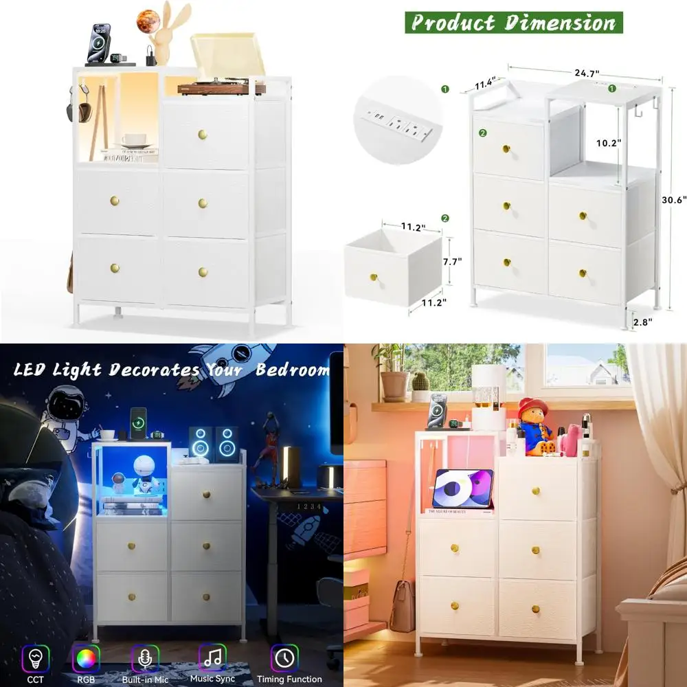 

Large Storage Modern Nightstand with Charging Station and LED Lights, 5-Drawer Bedside Table for Bedroom Organization