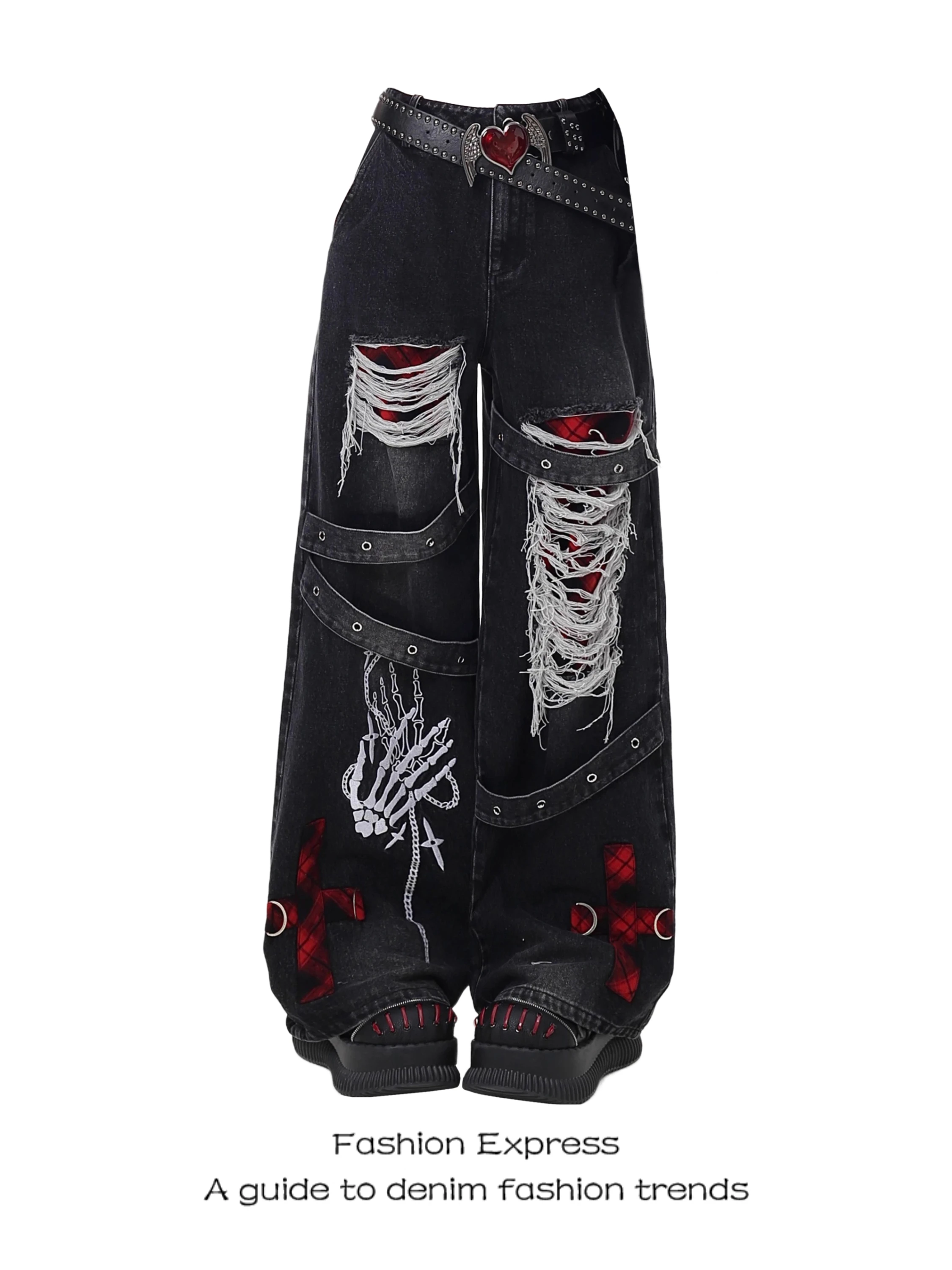 

Unique Original Hole Denim Jeans Women's Spring Autumn New Style Punk Vintage Washed Wide Leg Pants High Waist Gothic Style