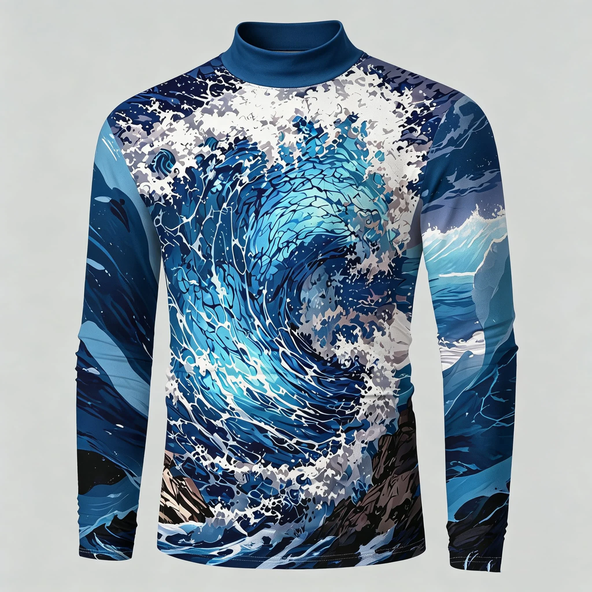 Vintage Ocean Surf Wave Print Men Mock Neck Long Sleeve Tee Nature Landscape Graphic Top For Daily Casual Wear - view 6