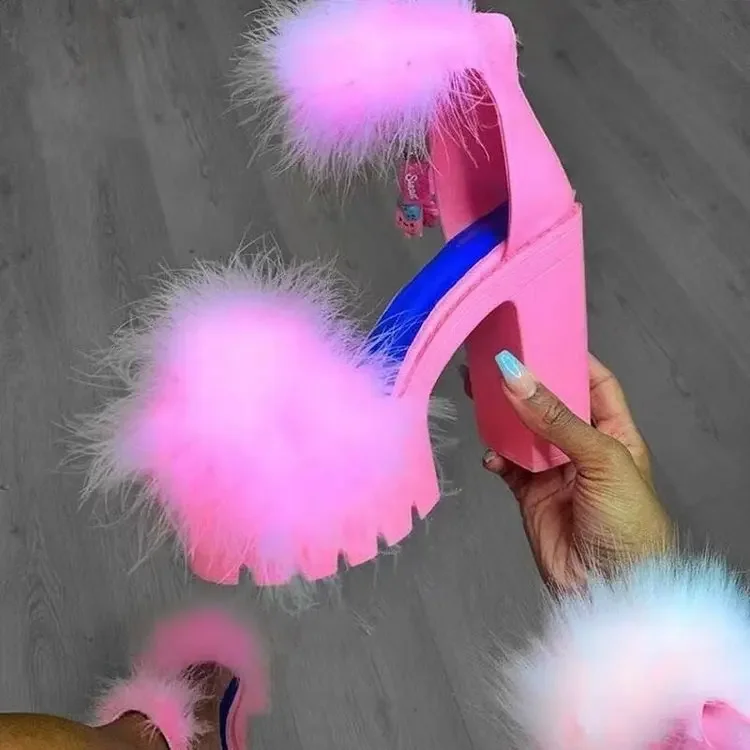 Sandalias de tacón alto y grueso para mujer, zapatos de plataforma con plumas de 4 colores, para boda y verano, novedad de 2021