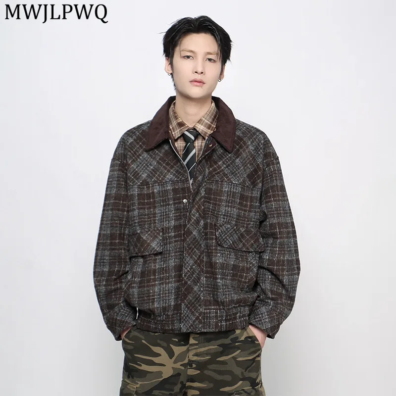 

MWJLPWQ American Brushed Wool Lapel Jacket For Men High Street Plaid Design Lapel Zipper Casual Coat 2025 Spring Autumn 21068