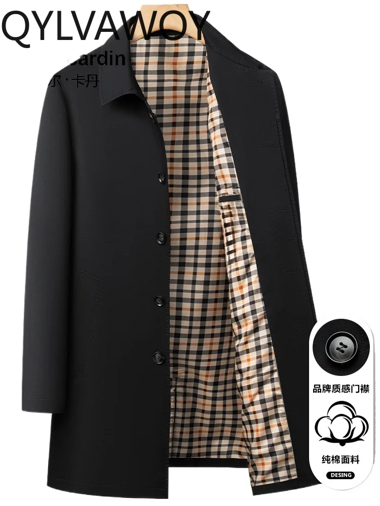 

QYLVAWOY 100% хлопок, весенне-осенний мужской плащ для пожилых людей среднего возраста с лацканами, деловая повседневная верхняя одежда средней длины для папы LJ2806r