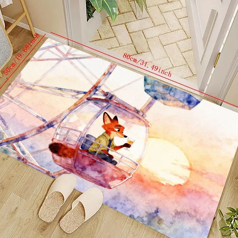 

1PC Zootopia Nick Wilde Fox Ferris Wheel Sunset Watercolor Print Floor Mat, Anime Movie Character Anti-Slip Absorbent Decorative