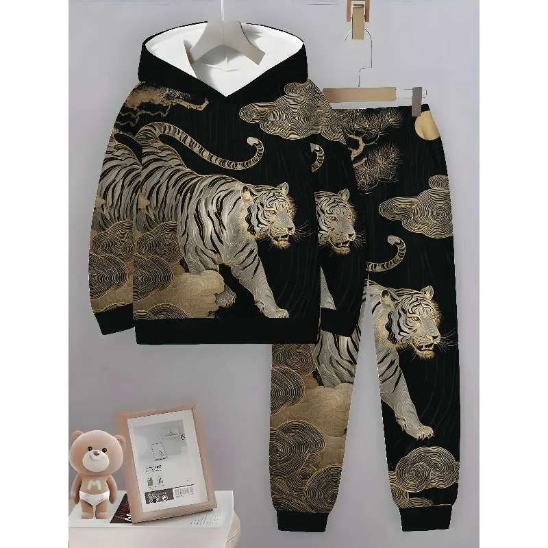 Мужская толстовка с 3D-принтом и рисунком тигра, комплект из 2 предметов, простая и модная, подходит для осенних и зимних сезонов