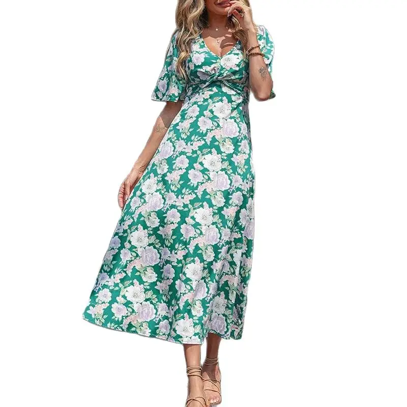 

Vintage Bohemian Short Sleeve V Neck Green Floral Boho Long Dresses For Women Holiday Spring Dress A-Line Beach Vestidos