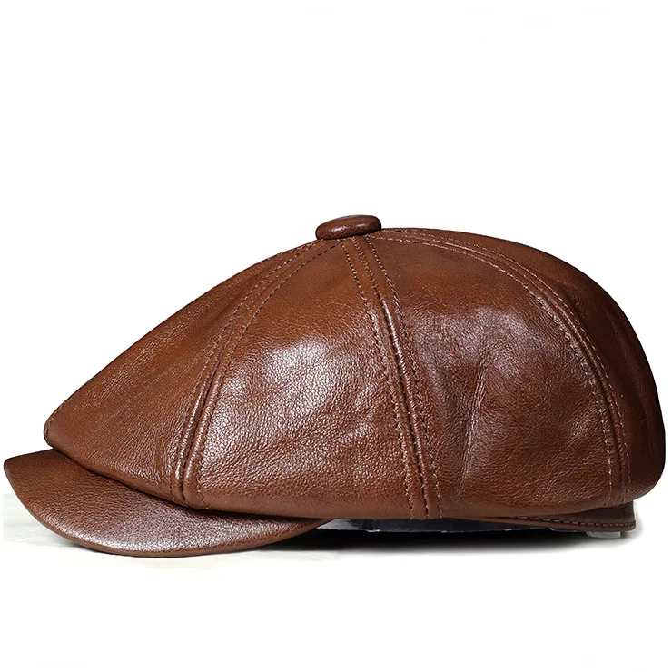 Sombrero octogonal de cuero genuino para hombre, boina de cuero de vaca, estilo Retro, elegante, a la moda, para estudiantes, Snapback, otoño