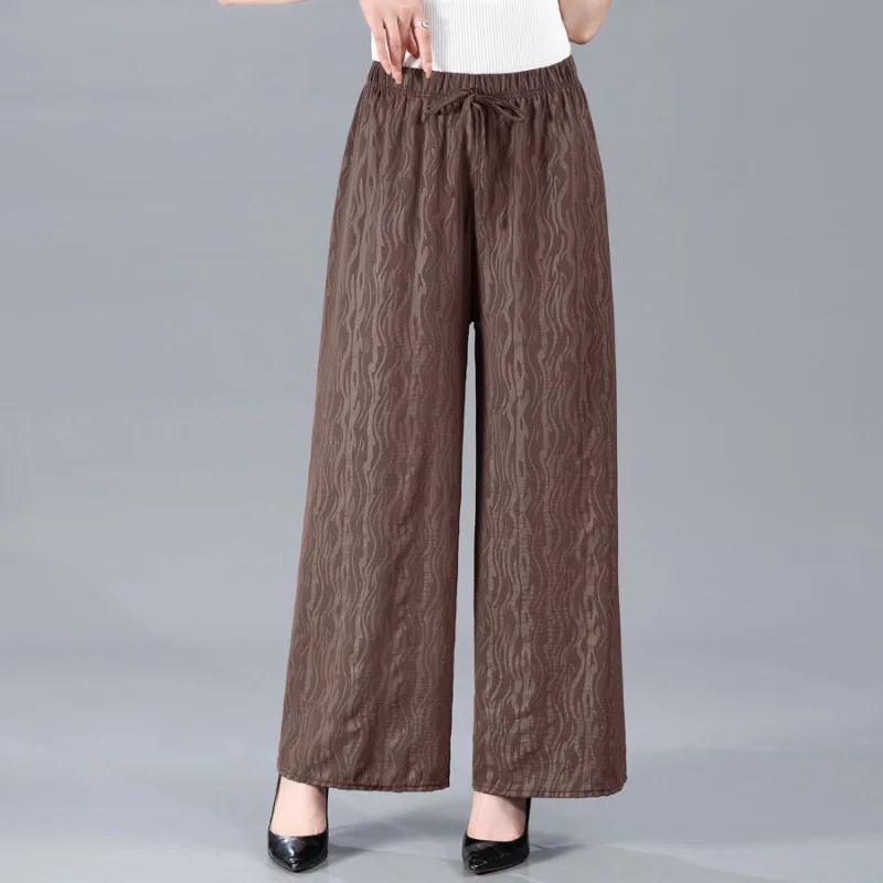 Pantalones finos de verano para mujer, Pantalón liso de cintura elástica con cordón, holgado, informal, de pierna ancha recta, de cintura alta