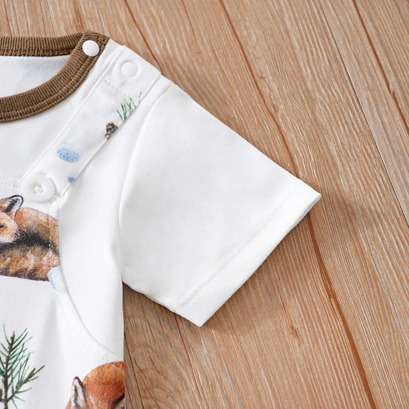 Newborn Clothes 0-18 Snow Fox Full Print Fake Shoulder Strap For Comfortable Boys And Girls Summer Short Sleeved Baby Jumpsuit