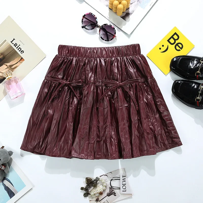 Y2K High Street PU Leather Bow Skirt Women 2025 High Waist Anti-Shine A Line Mini Skirts Woman Solid Pleated Princess Skirts