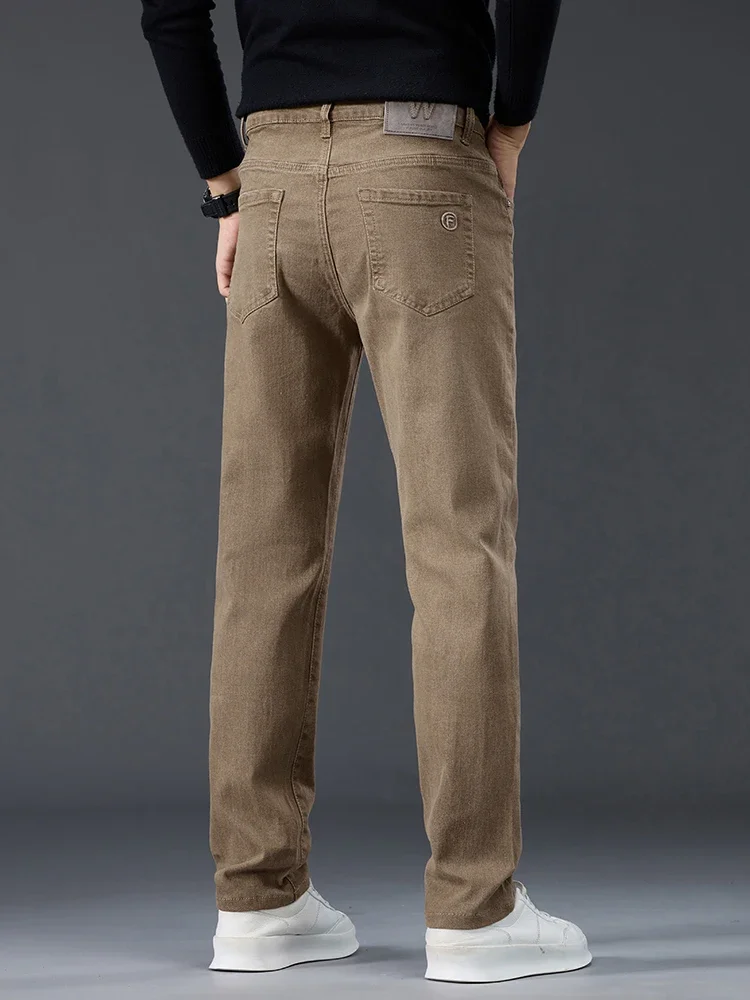 خريف 2025 جديد مستقيم جينز سترتش الرجال تطريز أنيق جيب سميكة سراويل مريحة الأعمال عادية سراويل جينز