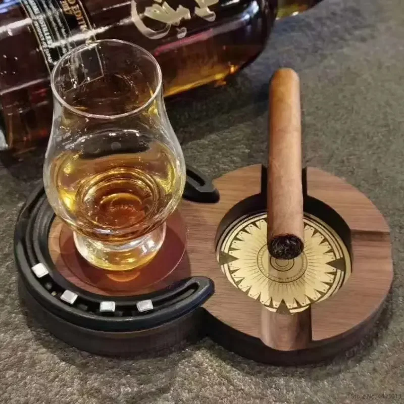 Cigar Holder Rest Ashtray novelty round shaped wooden Ashtray Smoke Tray with whiskey holder