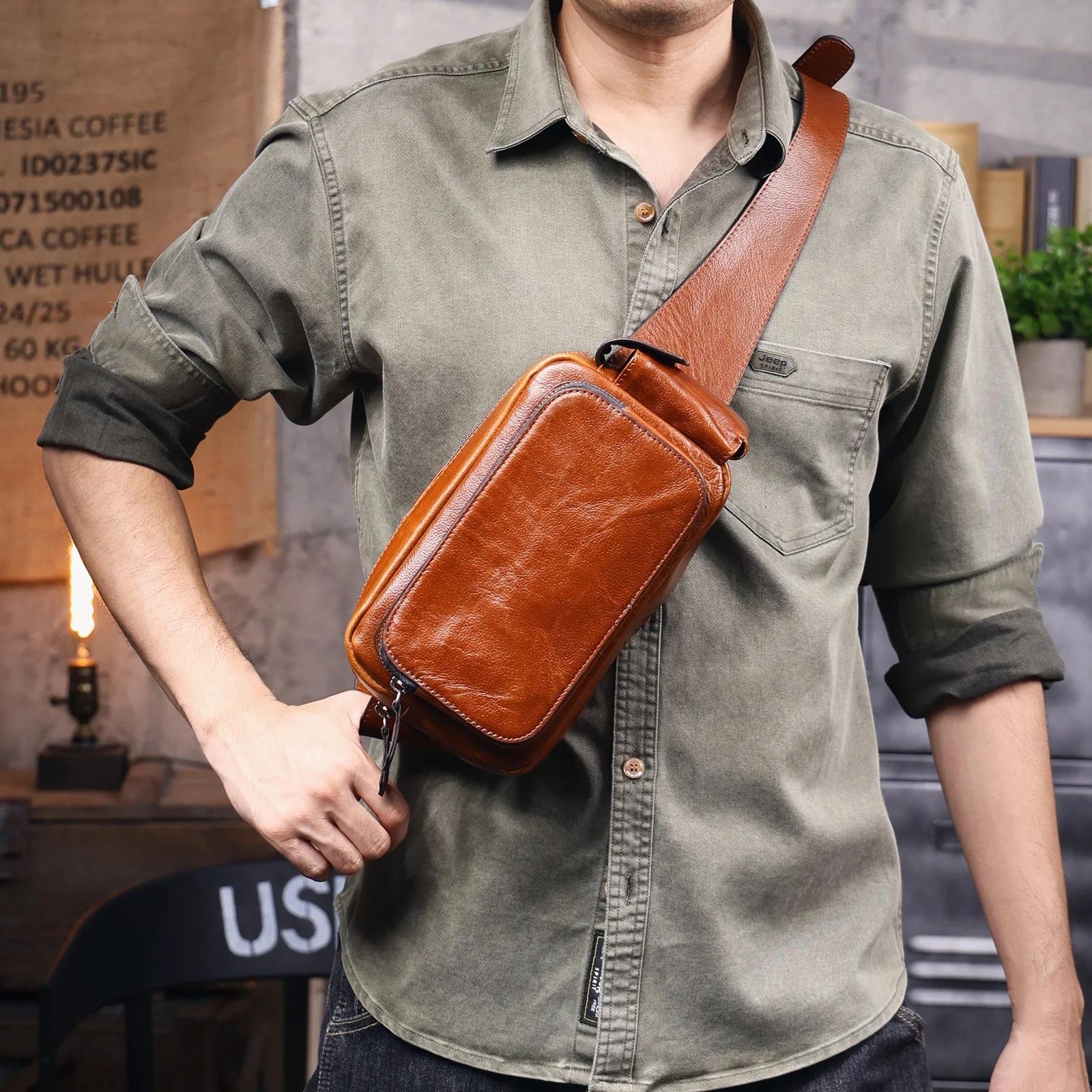 Vintage-Umhängetasche aus hochwertigem, pflanzlich gegerbtem Echtleder für Herren, modische Schultertasche, Motorrad-Umhängetasche – Detail 5