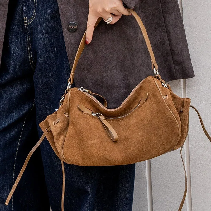New light luxury retro suede women handbag fashion drawstring design single shoulder bag large capacity minimalist Crossbody bag