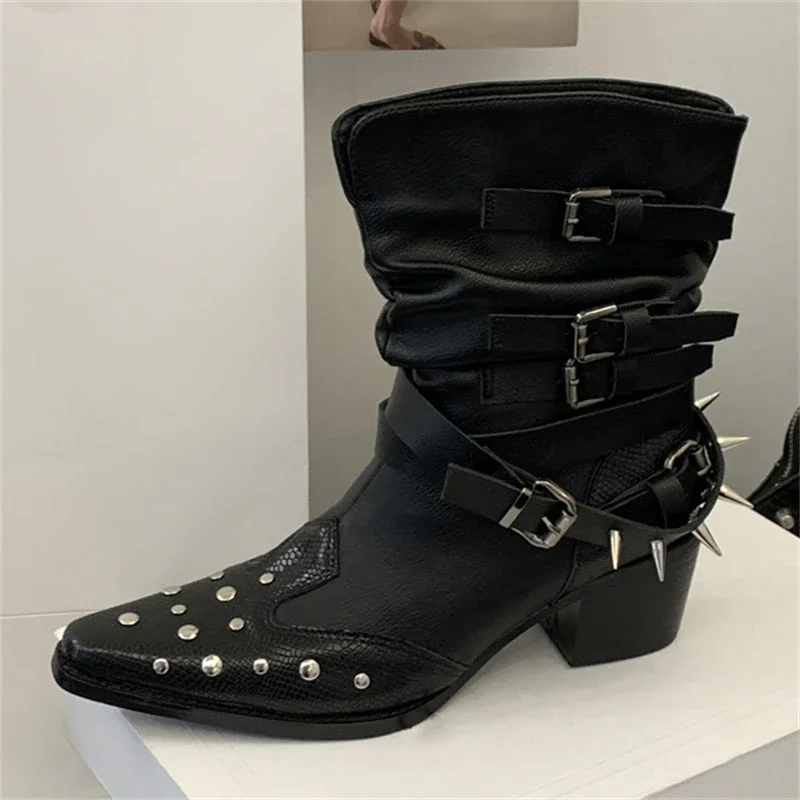 

Sexy Pointed Toe Black Soft Leather Ankle Boots Women Metal Rivets Belt Buckle Design Botines Thick Low Heels Shoes Botas Mujer