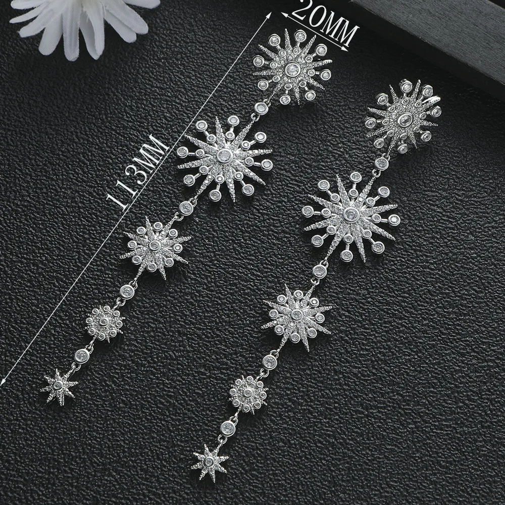 Luxury Fashion Exaggerate Sparkling Cubic Zircon Star snowflake long Tassels Earrings For Women Engagement Party Jewelry E122