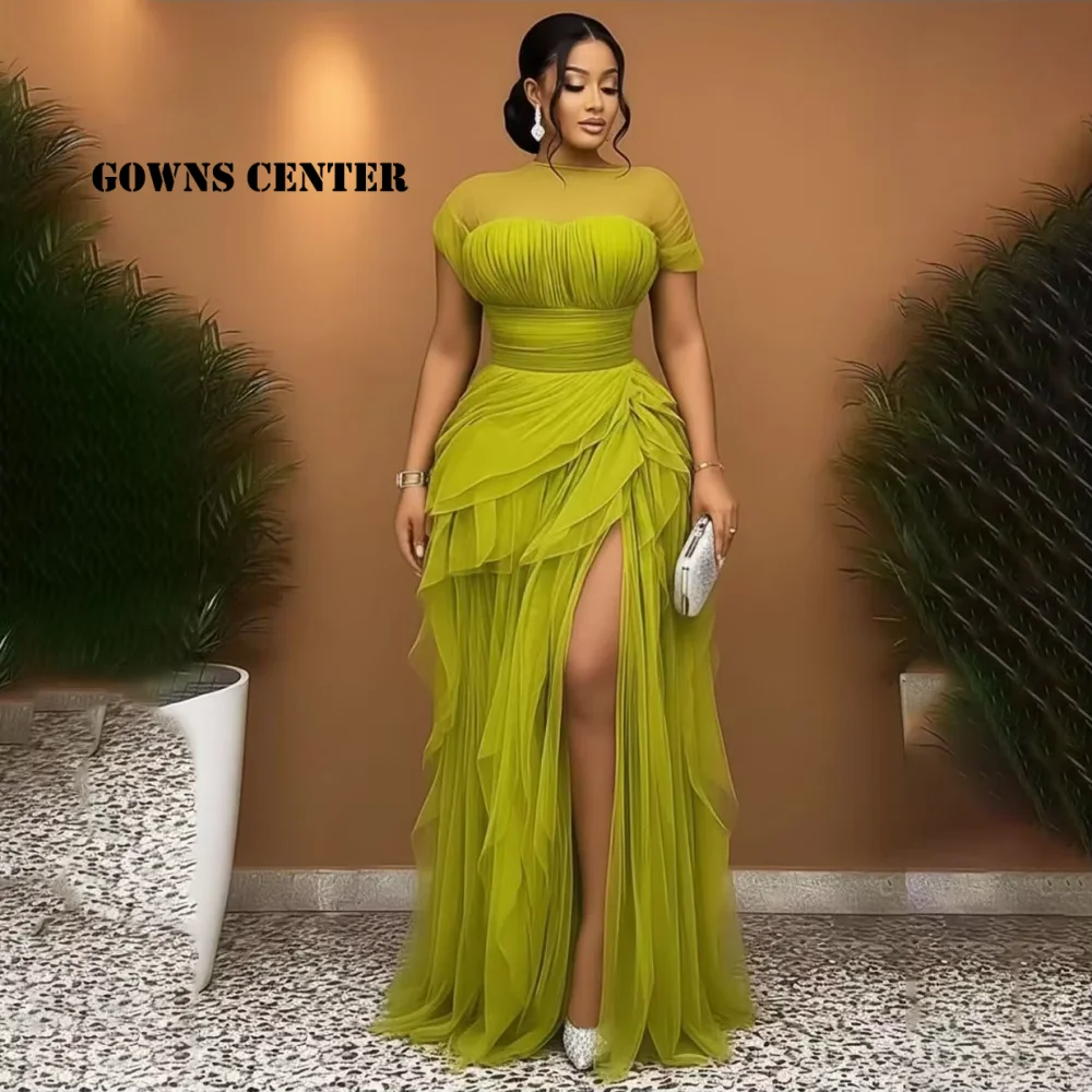 Elegant Satin Evening Gown Split - Op maat gemaakte olijfgroene galajurken, plus