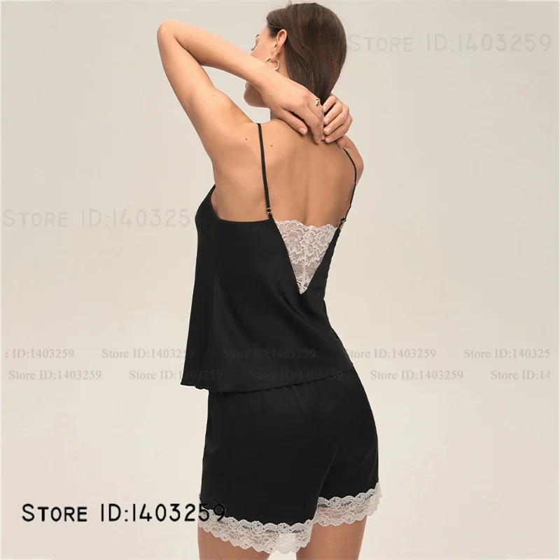 

Female Spaghetti Strap Pajamas Set Chemise Sleepwear Sexy Patchwork Lace Lingerie Nightwear Pijamas Suit Silky Satin Loungewear