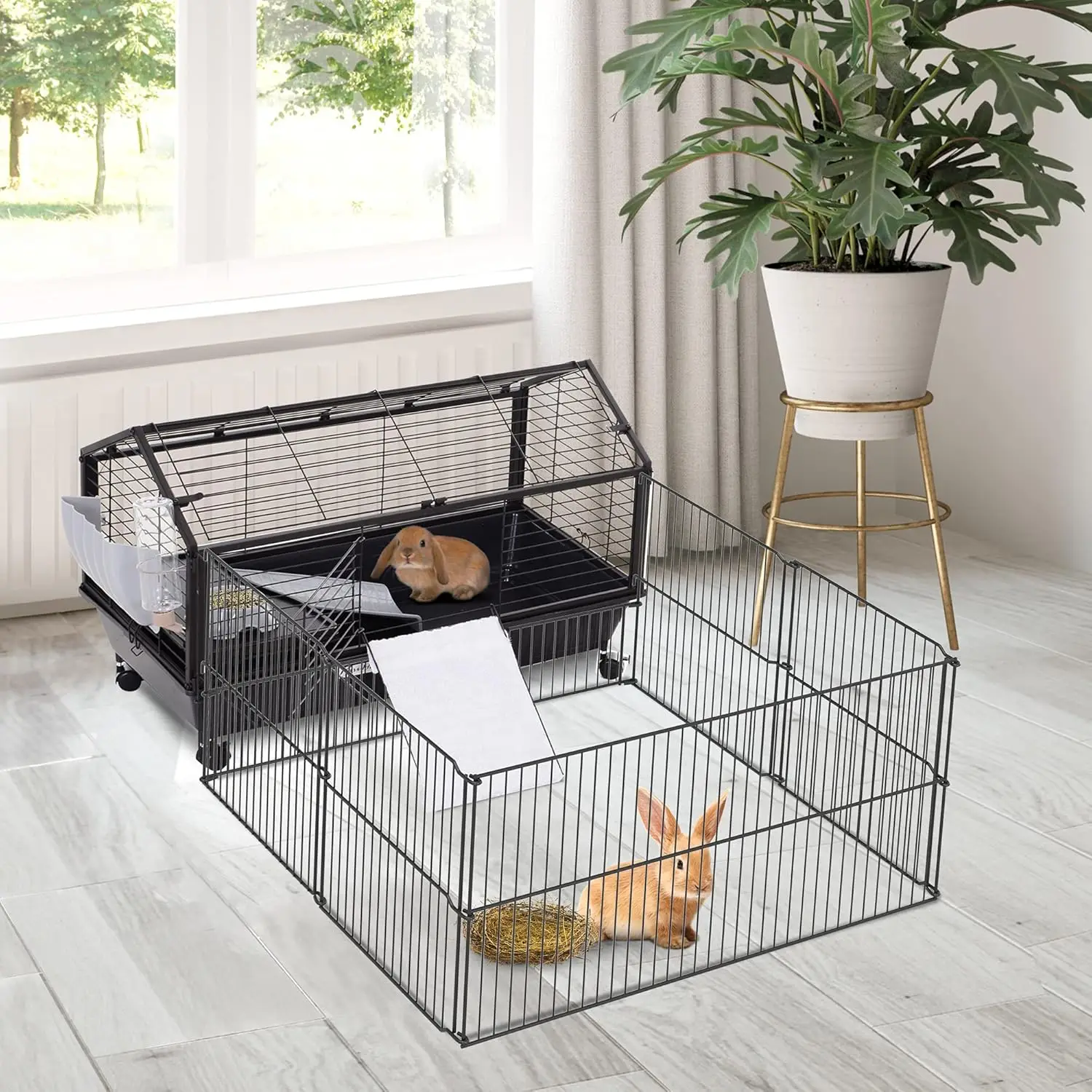 Small Animal Cage with Foldable Run Area Rolling Bunny Cage Guinea Pig Hedgehog Cage with Water Bottle