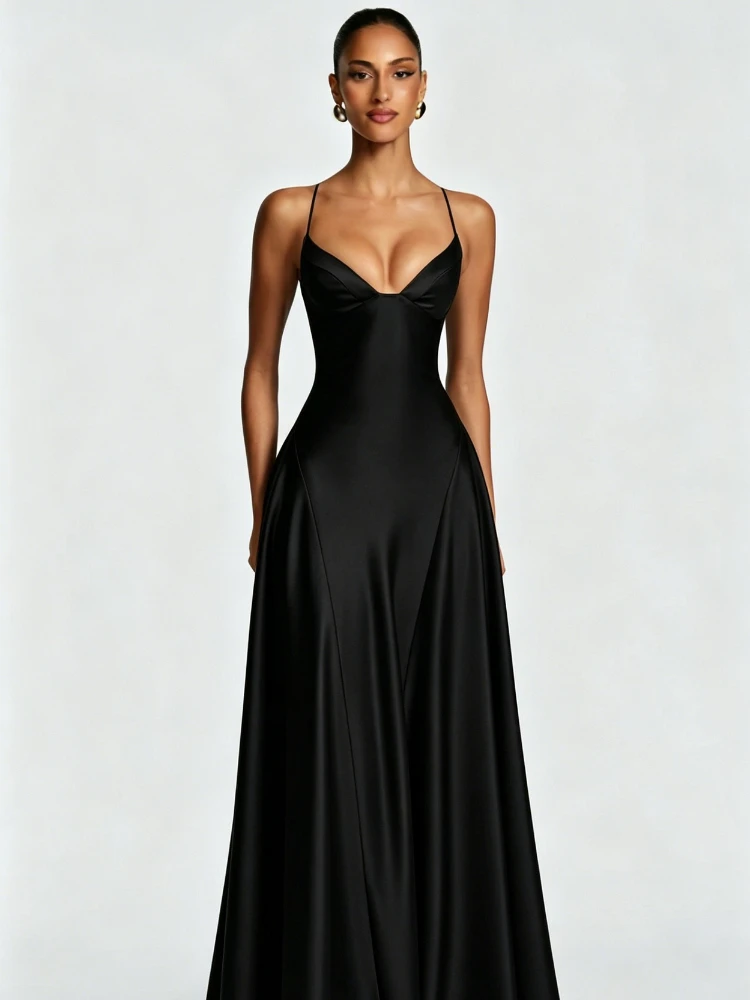 Chaxiaoa Satin Spaghetti Strap Sexy Maxi Dress Women Elegant Deep V Neck Sleeveless Backless Pleated Evening Club Party Dresses view 2