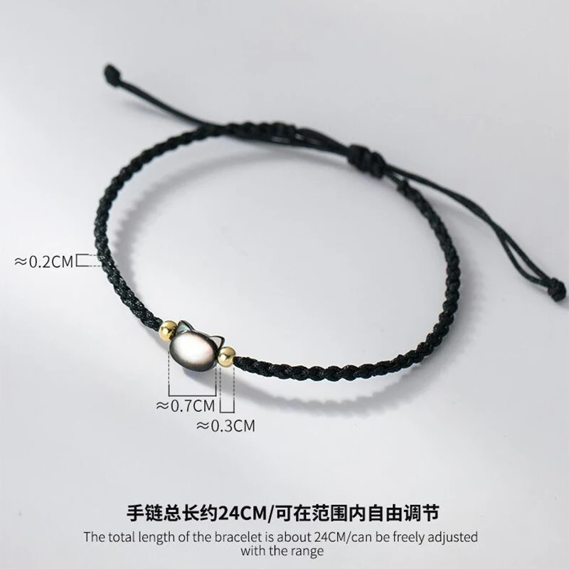1pc/Lot 925 Sterling Silver Beads With Obsidian Cat Charm Handwoven Bracelets 24cm Flexiable Black Rope Wrist/Ankle Jewelry Gift view 3