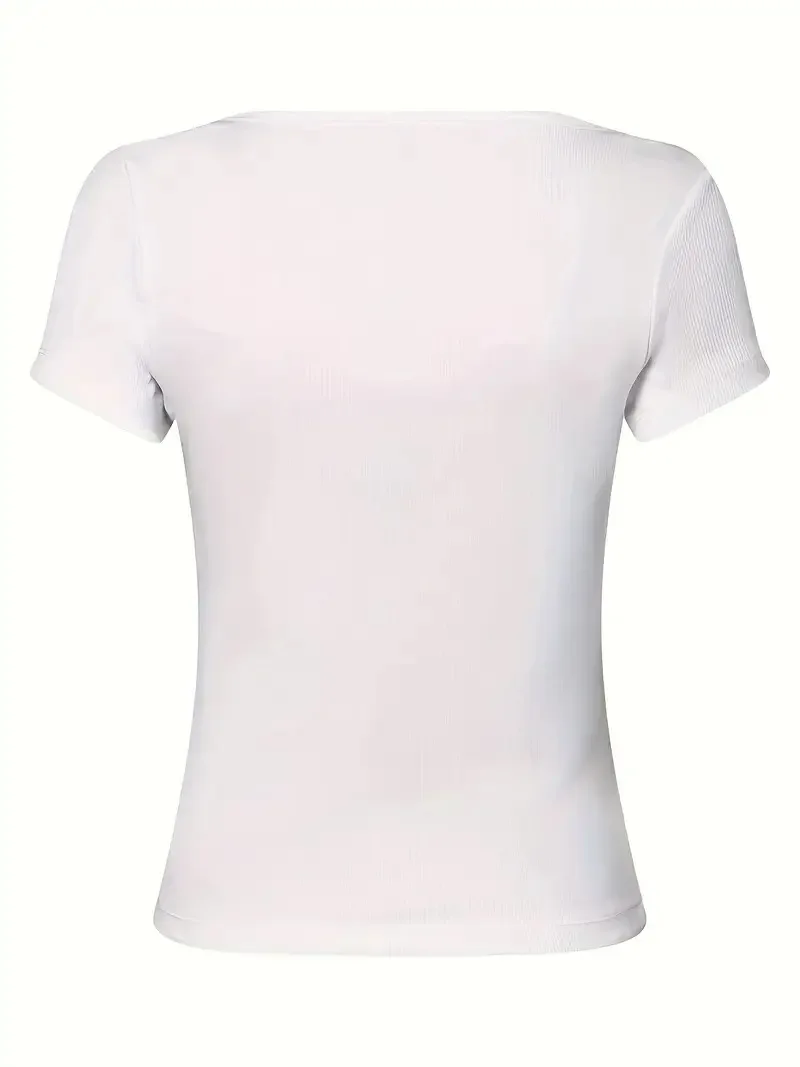 Neue Frühling-Sommer-Damenblusen, Elegante Einfarbige Rundhals-Kurzarm-Tops mit Knöpfen – Detail 4
