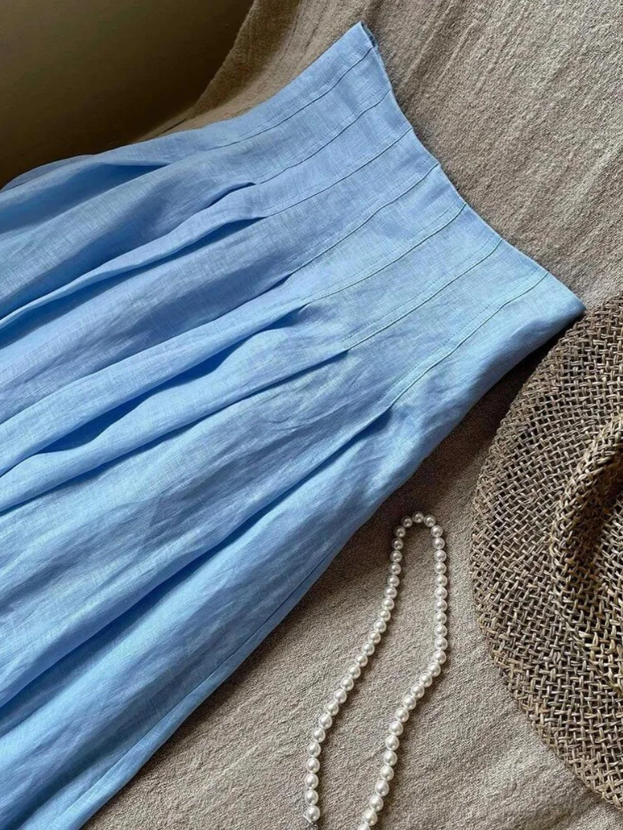 

2025 Spring Seasonal High Waist Linen Skirt with Fibone Waist Seal Pleated Design Artistic Sle Casual Wear
