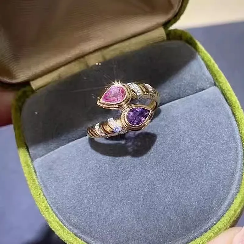 Foydjew Vintage Jewelry Snake Water Drop Design Rings Inlaid Pink and Purple Zircon Ring Women\'s Fashion Gold Color Accessories