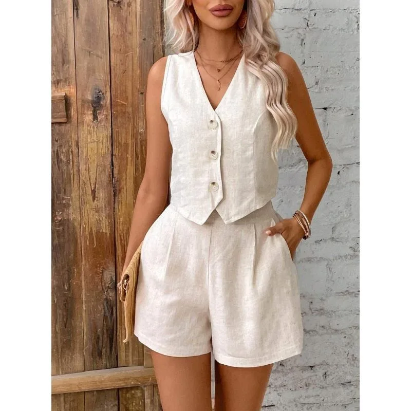 Two-piece Cross-border European American Women's Trade Sleeveless Plus-size Women's Clothing Solid-color Button Vest Set Women