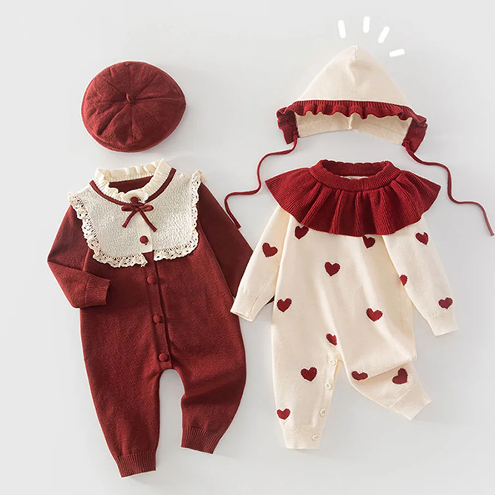 Christmas Baby Girl Romper Kniteed Heart Shape Solid Color Autumn Winter Princess Infant Clothing Baby Jumpsuit With Hat