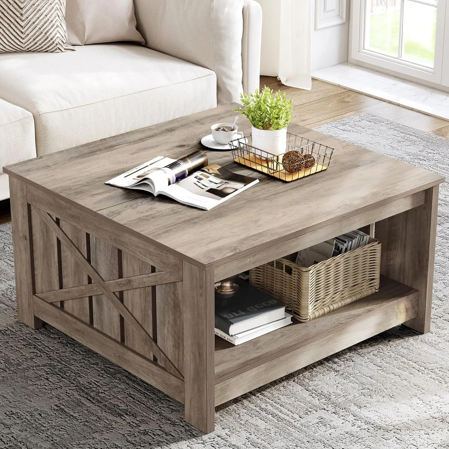 

Coffee Table Farmhouse Coffee Table with Storage Rustic Wood Cocktail Table,Square Coffee Table for Living Meeting Room