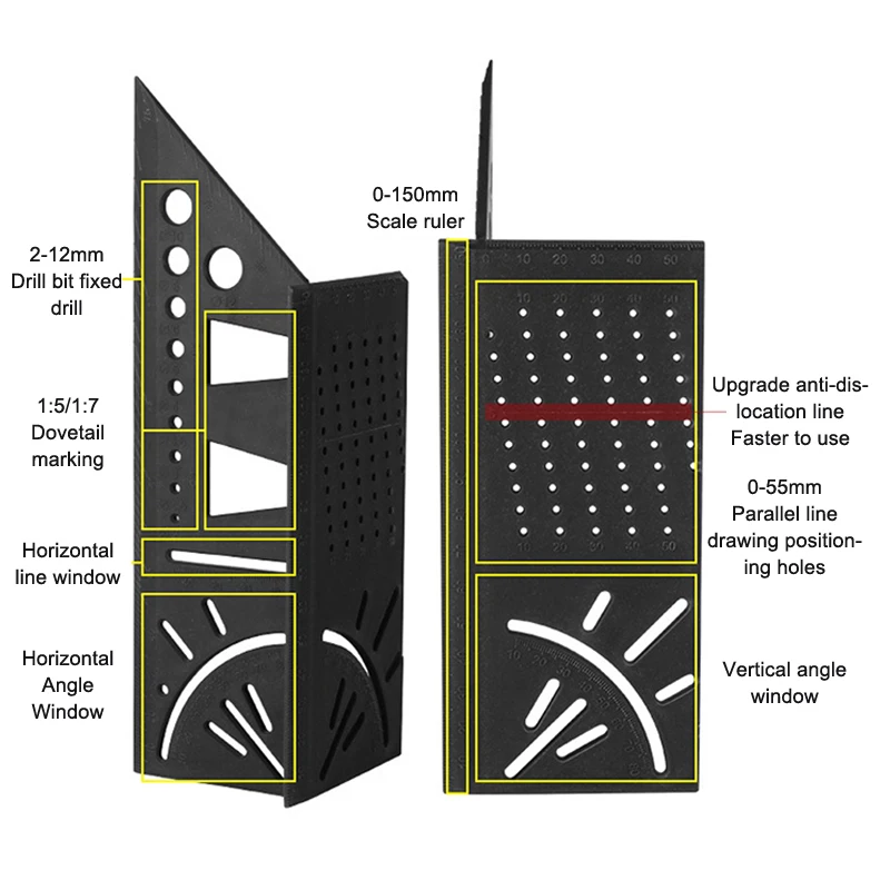Multifunctional Locate Carpenter Angle Ruler 3D Miter Angle Measuring Tool Perforated Positioning Ruler 45 90 Degree Lines Ruler