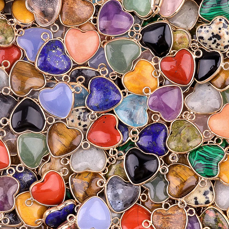 10pcs Gold Color Edge Metal Heart Stone Pendant Natural Howlite Agate Quartzs Heart Shape Connector Charms for Jewelry Making
