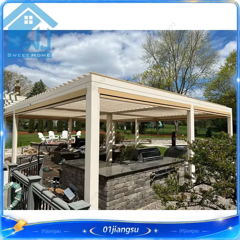 Motorized Aluminum Pergola with Louver Roof Outdoor Waterproof Gazebo with Side Screens Electric Patio Canopy Garden Shelter