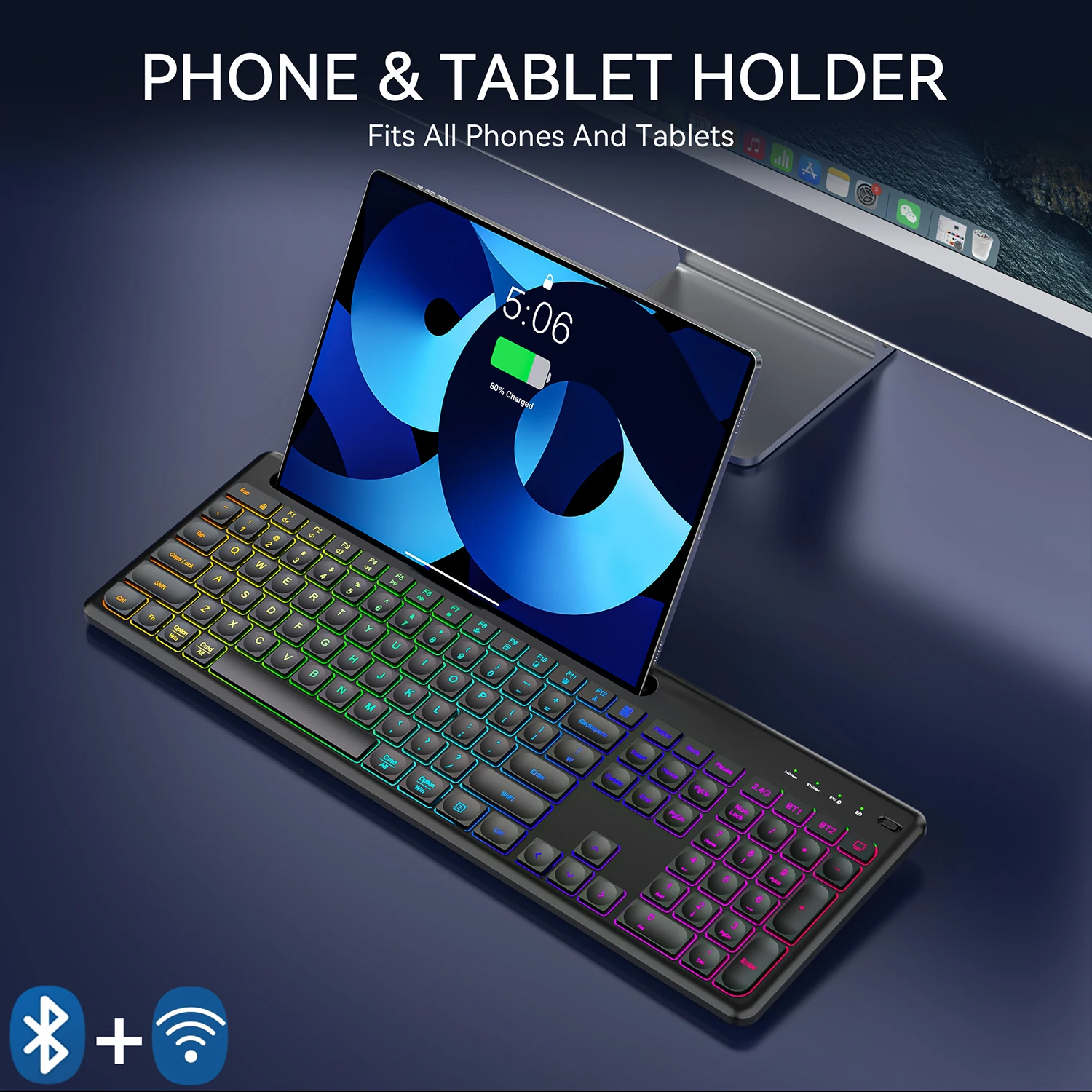 

Ergonomic Bluetooth5.0&2.4G Wireless Keyboard Mouse Set with Tablet Holder,Rechargeable LED Backlit Keyboard Set for Window/Mac
