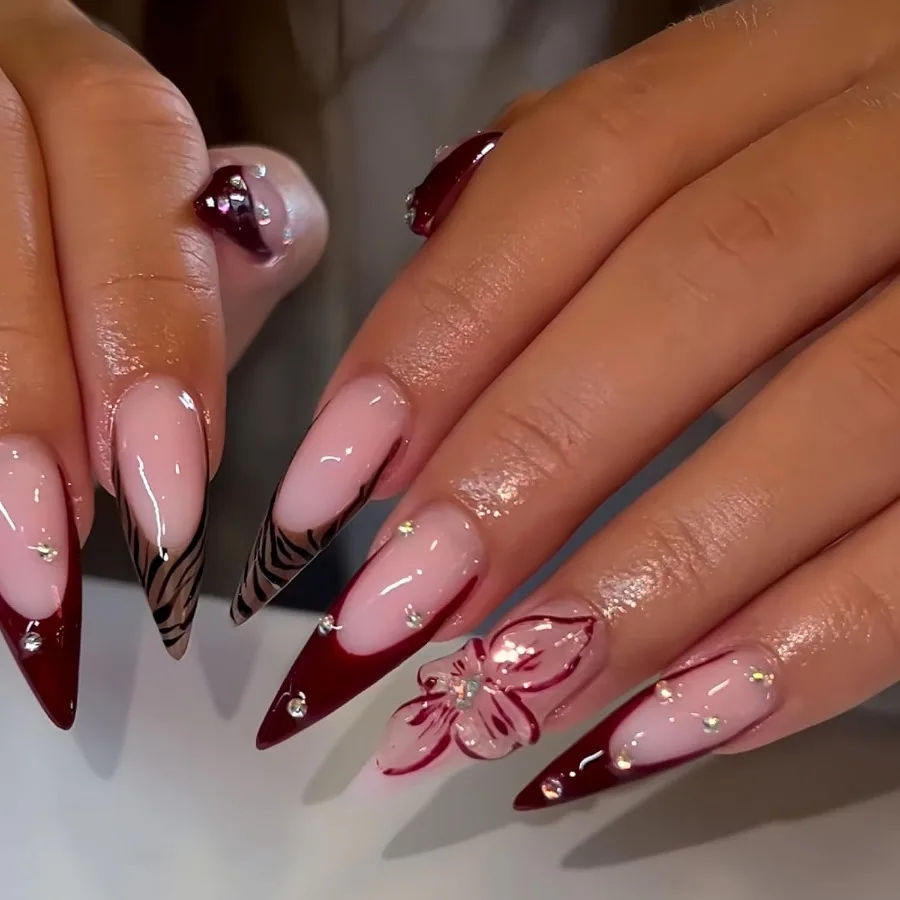 

Long Press on Nails Stiletto Fake Nails French False Nails Brown Artificial Nails with Pink Flowers Designs Leopard Handmade Na