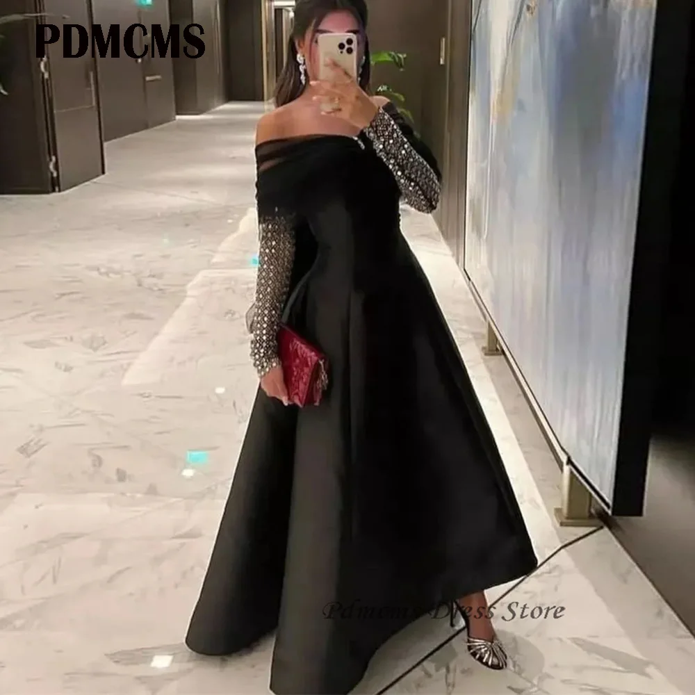 

PDMCMS блестки с длинным рукавом فستان سسсексуальное платье с открытыми плечами для выпускного вечера Тюлевое платье с бантом вечерние черное атласное вечернее платье
